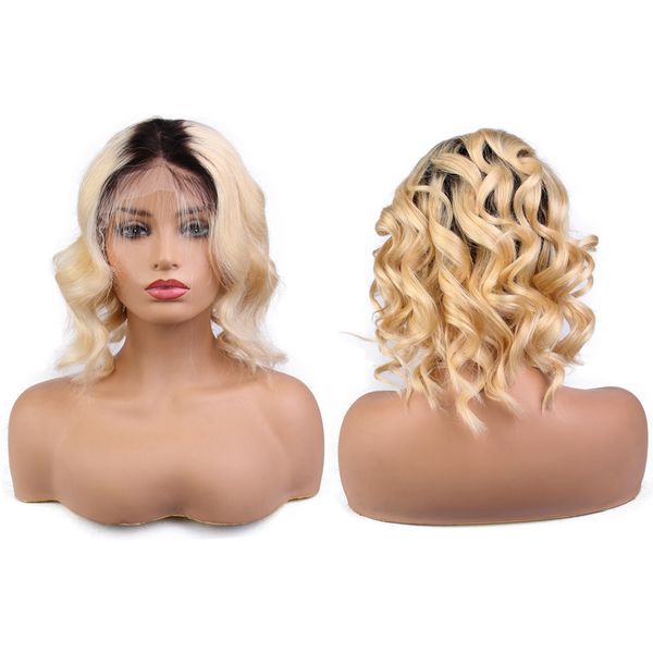 

short wavy bob brazilian remy human hair lace front wig ombre blonde 1b/613 bob cut 130% 150% density pre plucked baby hair, Black