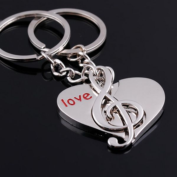 

wedding favors couple musical note heart keychain metal lovers keyring valentine's day gift with card, Silver