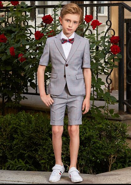 

new brand boys custom coat pant suits short sleeve and pant damier check fabric light gray party performance tuxedos for kids, Black