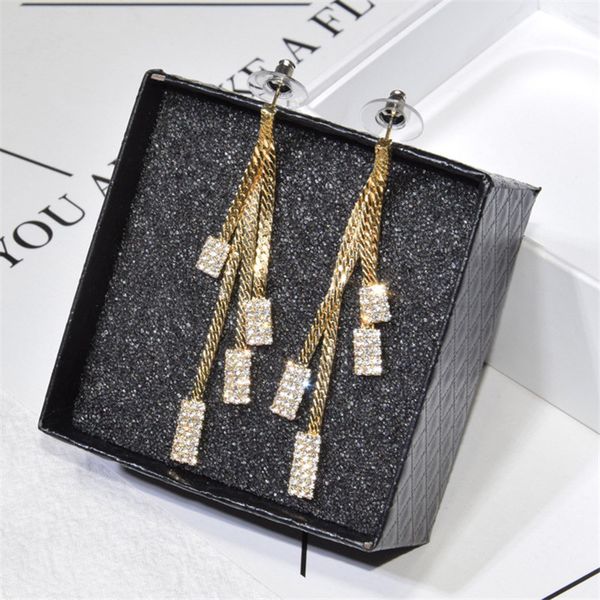 

ajojewel full rhinestone rectangle statement earrings tassel long earrings women costume jewelry dropshipping bijoux femme, Silver