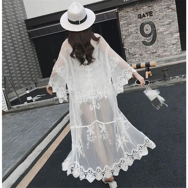 

transparent summer white lace women windbreaker elefloral crochet long female coat loose sunscreen trench coat cm309, Tan;black
