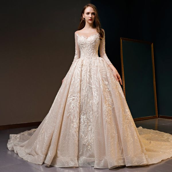 

Gorgeou heer neck long leeve embelli hment beading glitter equin lace up luxury wedding dre e with cathedral