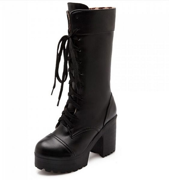 

wholesale- riding boots chunky heels platform faux pu leather round toe mid-calf boots fashion cross straps 2015 new woman shoes, Black
