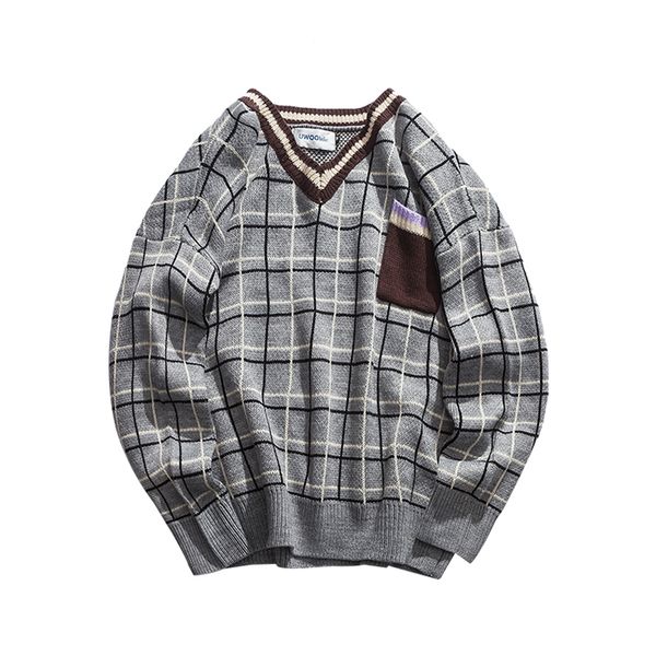

v neck lattice plaid hit color pocket pullover knitting brand sweater homme casual loose long sleeve cachemire men male -xl, White;black