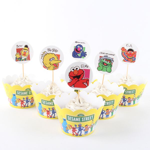 

wholesale-24pcs/lot new sesame street cupcake wrappers ers for kids party birthday decoration cake cups(12 wraps+12 er