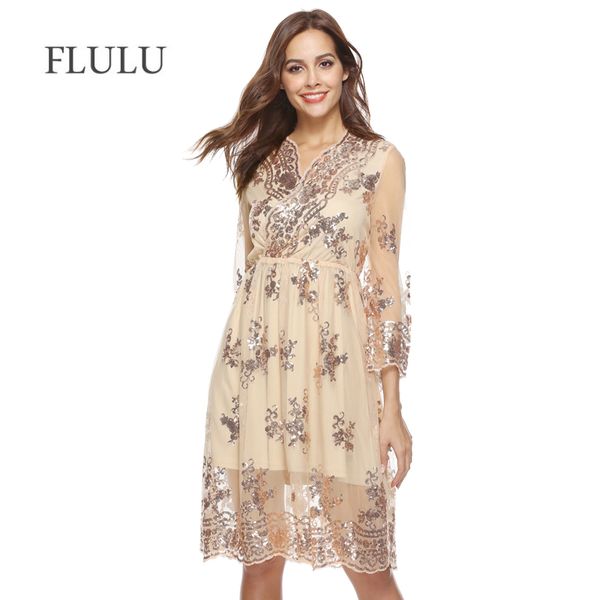 

flulu autumn dress women 2018 mesh v neck sequins vintage dress female elegant streetwear christmas party dresses vestidos, White;black
