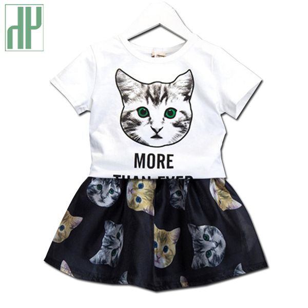 

girls clothes cat printed cartoon summer +veil dress two-piece kids clothes girls outfit 2 3 4 6 7 years children's clothing, White