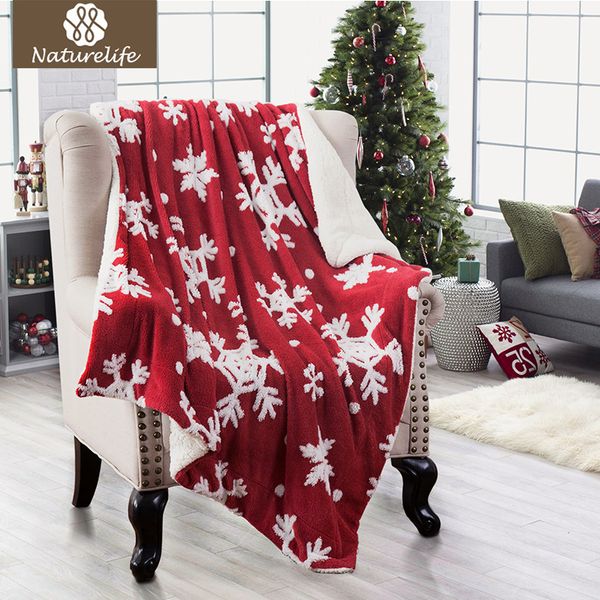 

naturelife christmas jacquard shu velveteen throw with snowflakes soft cozy and warm sofa blanket white/red comfortable blanket