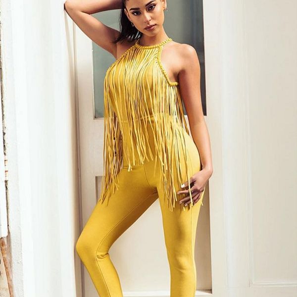 

yellow tassel bead nail long jumpsuit women v neck sleeveless open back full length female irregular stitching party bar summer, Black;white