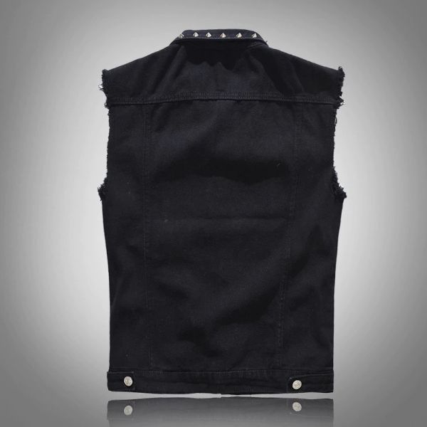 

Polyester Denim Vest Men's Punk Rock Style Rivet Cowboy Black Jeans Waistcoat Raw Edge Male Motorcycle Jacket Sleeveless Tanks