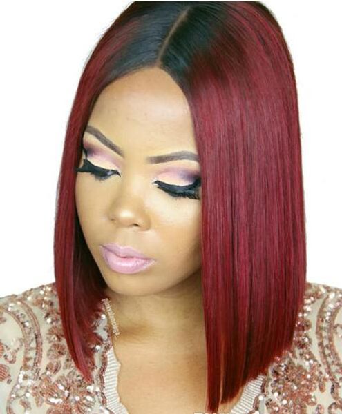 

ombre 99j silky straight virgin hair brazilian lace front wigs for black women glueless full lace straight human hair wigs, Black;brown