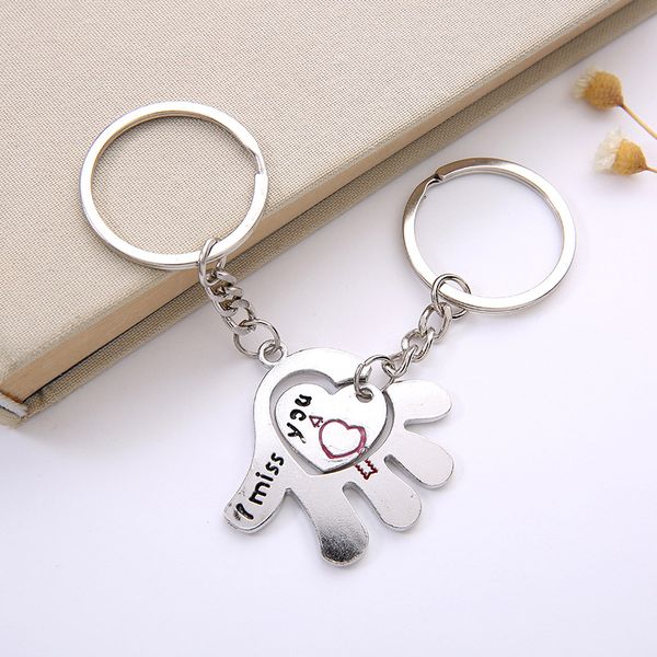 

wedding favors keychains couple palm and heart keychain lovers metal keyring valentine's day gift with card, Silver