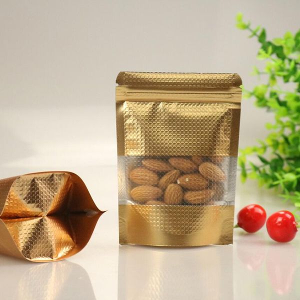 100pcs Stand Up Gold Aluminum Foil Lock Bolsa com janela Bolsa de embalagem plástica metálica para comida Cookie de chá de chá Baking246U