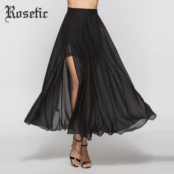 

rosetic gothic party long girl skirt black slit chiffon see-through mesh patchwork women fashion slim club goth skirts