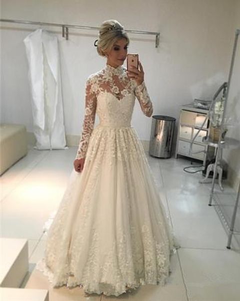 

vintage lace long sleeve wedding dresses 2019 retro high neck muslim arabic kaftan full length garden church bridal temple dress, White