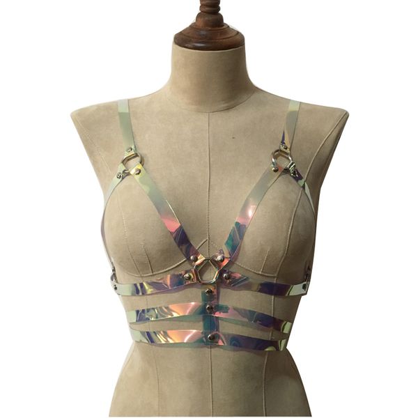 

punk holographic vinyl pvc body harness hologram rainbow bonage bra caged belt waist straps for women, Black;brown