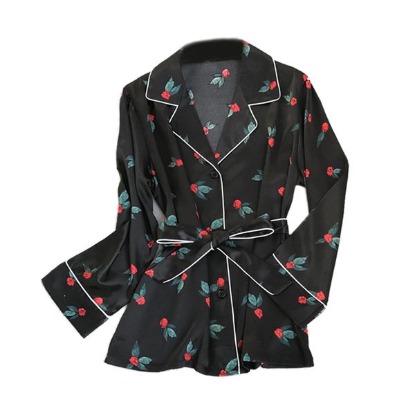 

autumn new floral print silk pajama suit that occupy the home belt pajamas, Gray