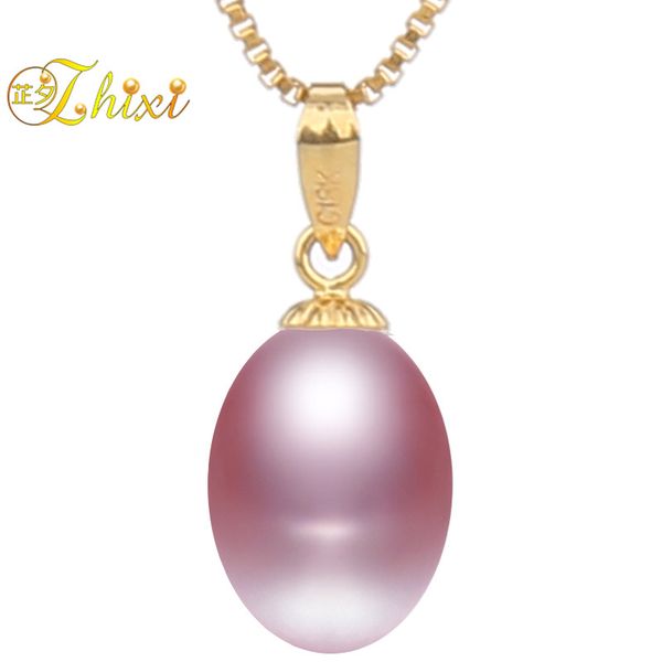 

zhixi] pearl necklace pendant pure 18k yellow gold jewlery 9-10mm natural freshwater water drop pearl pendants for women[d2212, Silver