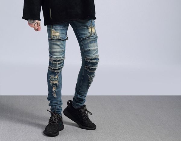 

europe and america high street hole jeans washed rock old knee knife cut feet men's denim trousers, Blue