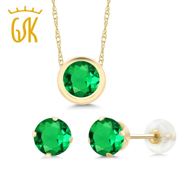 

real 14k yellow gold fashion jewelry sets for women 3.00 ct round green nano emerald pendant earrings set gemstoneking, Black