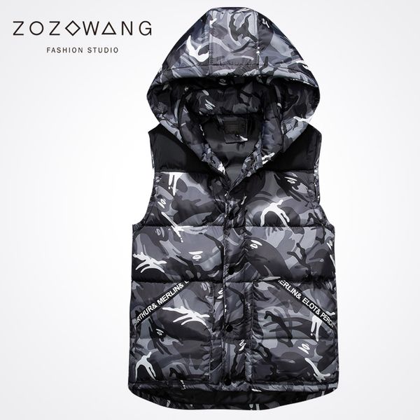 

zozowang print camouflage hat detachable letter zipper loose shout autumn winter vest men fashion winter waist coat mem, Black;white