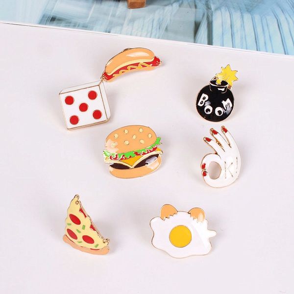 

1pc metal pizza hamburgers dogs poached eggs dice bombs shape brooch pins, Gray