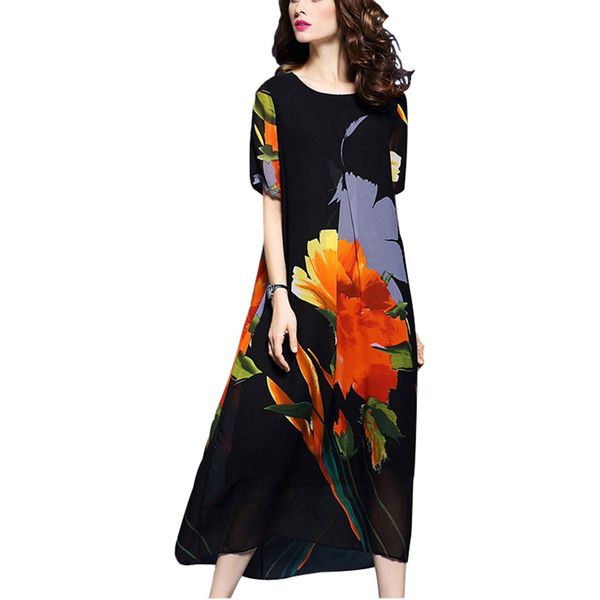 

summer dress women 2018 spring new women clothing chiffon dress ms loose printing long large size short sleeve, White;black