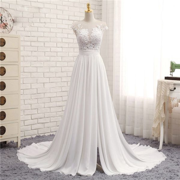 

2019 Часовня Поезд Длинные Молнии Cap Рукава Кружева Аппликация Линии Пляжное Свадебное Платье Настоящее Свадебное Платье Фото