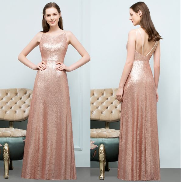Gerçek Görüntü Gül Altın Sequins Uzun Gelinlik Modelleri Ekip Boyun Düğün Konuk Parti Onur Elbise Abiye CPS789
