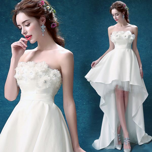 

stunning short front long back wedding dresses strapless handmade flowers sequins crystals lace appliques lace-up back hi low bridal gowns, White