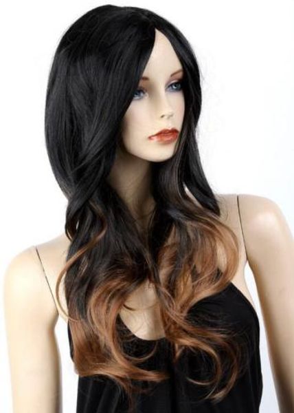 Korean Wigs Women Long Black Mixed Brown Ombre Wigs