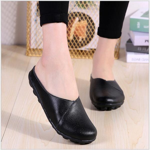

summer women genuine leather slippers solid white black ladies flat with slides breathable sandal baotou half shoes