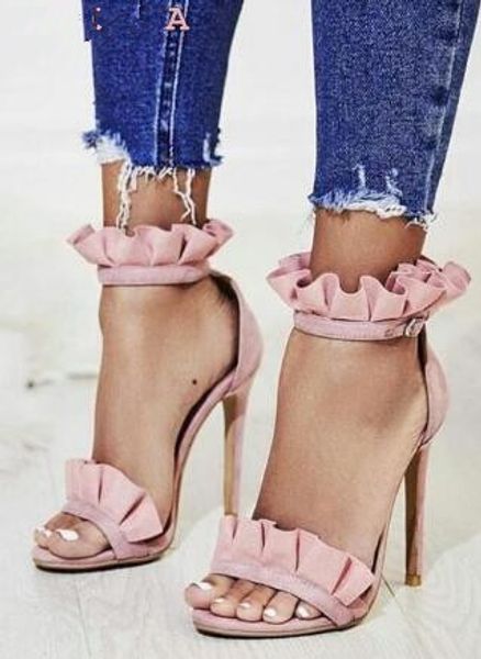 2018 Più nuovo arrivo ragazze dolci increspature sandali con cinturino singolo tacchi alti scarpe tacco a spillo vestito di colore rosa sandali open toe in vendita