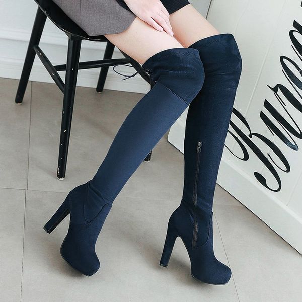 

women boots woman shoes over the knee high square heels 34-43 platform zipper good quality flock fashion 2018 new arrival sb207, Black