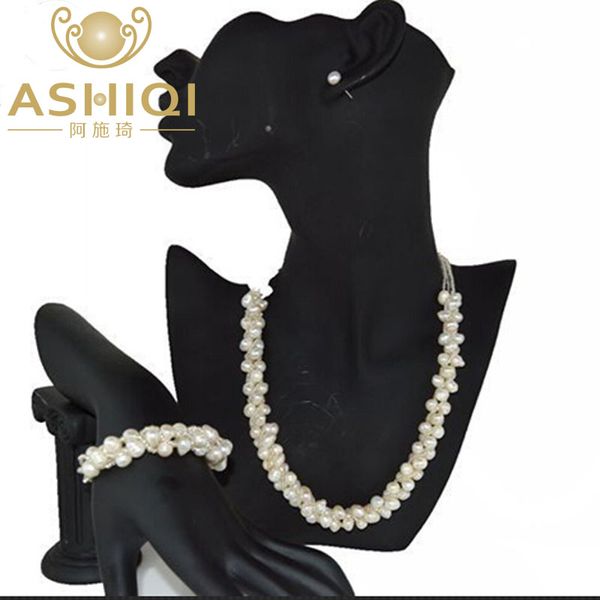 

ashiqi 100% freshwater pearl necklace /bracelet /stud earring jewelry sets for women, Black
