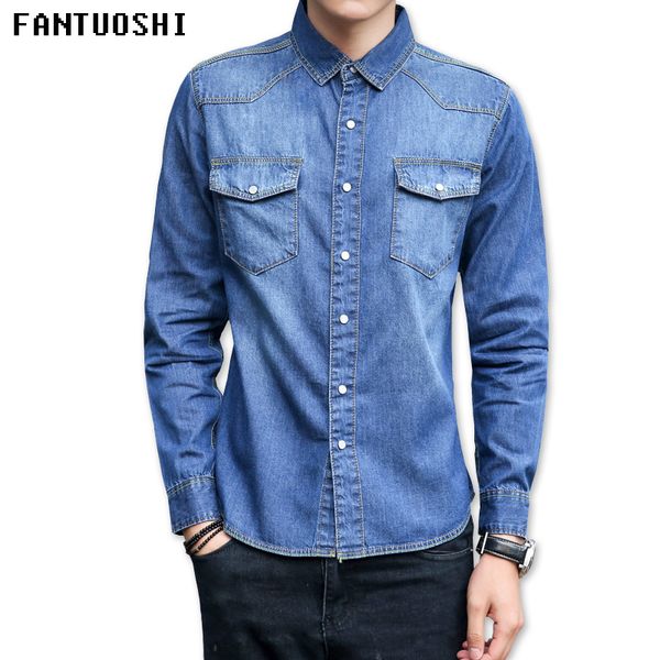 

2018 new shirts men long sleeve fashion casual slim cotton shirt male denim blue shirt single-breasted xxl, White;black
