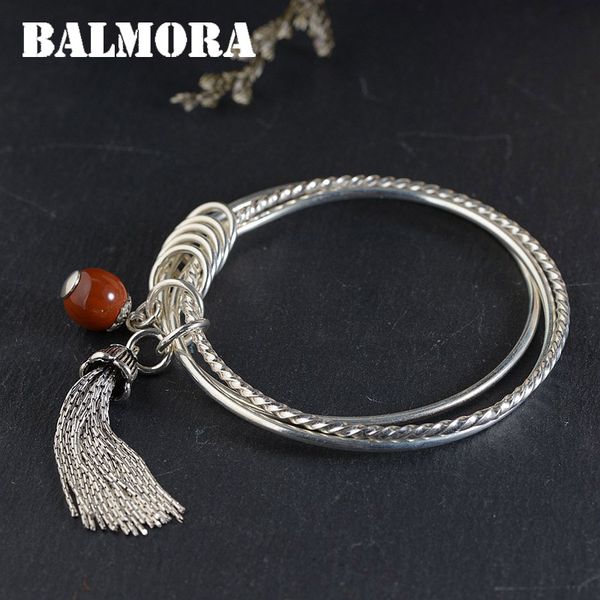 

balmora 990 pure silver tassel bangles for women mother lover gift about 18cm jewelry red stone accessories esposas wbh0159, Black