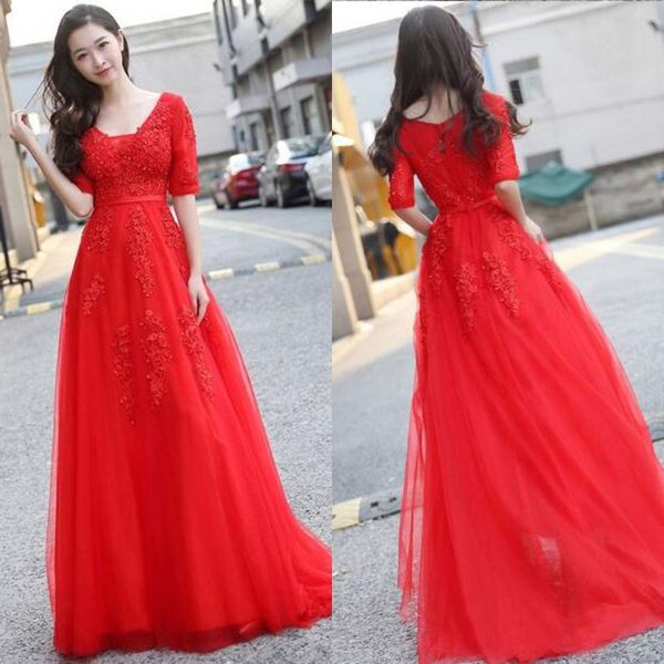 

red prom dresses from china short sleeves beads sequins lace appliques a-line tulle long formal evening party gowns with sash sweep train, Black