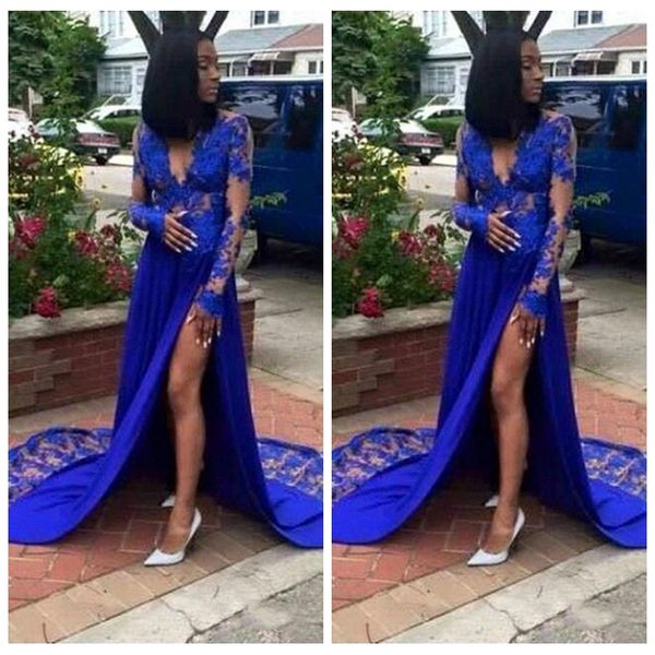 

2018 custom online new royal blue prom dress black girls lace appliques a line sheer long sleeves v neck evening gowns front split plus size