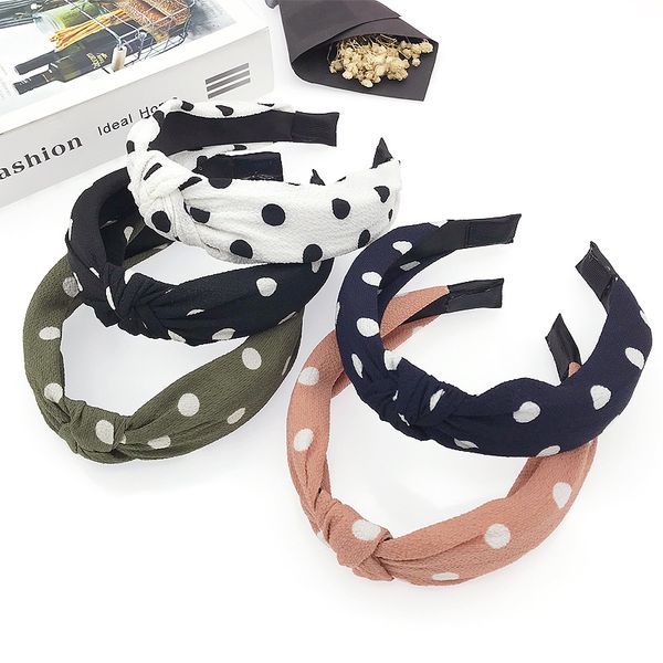 

anise cute girls white black polka dot bow headband hairband retro women wide knotted hair hoop band headwear hair accessories, Golden;white