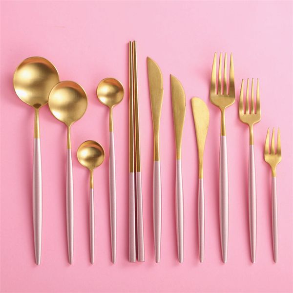 

pink wedding cutlery spoons knives forks stainless steel 304 wedding flatware silver pink and gold pink