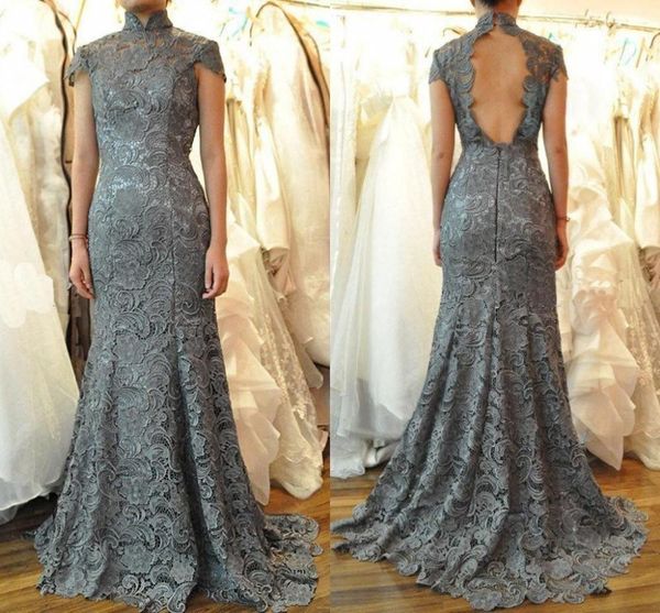 

gray high neck mermaid mother of the bride dresses 2019 new sweep train custom elegant cap sleeve backless lace formal evening wear m96, Black;red