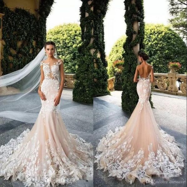 

wedding dresses mermaid sheer neck cap sleeve lace appliques bodicese sweep train bridal gowns vestios de novia, White