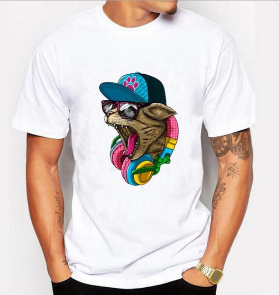 

2018new arrival men's fashion crazy dj cat design t-shirt cool short sleeve hipster tees t-shirt, White;black