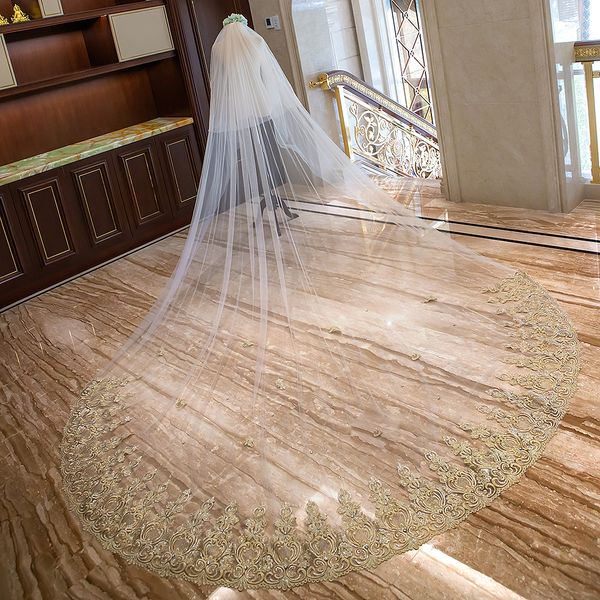 

gold wedding veils lace appliques rhinestones two pieces cathedral length blusher veil custom made bridal veils, Black