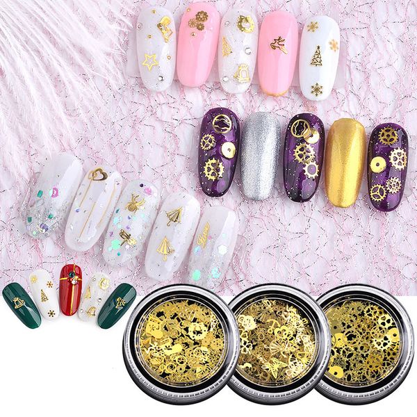 

nail art rhinestone decoration metal computer chip christmas sticker leaf gear gold super thin slice 120 pieces mixed, Silver;gold