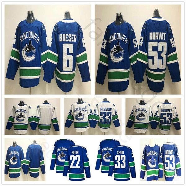 

Vancouver Canucks Hockey Jerseys 6 Brock Boeser 22 Daniel Sedin 33 Henrik Sedin 53 Bo Horvat Home Road Blue White Jersey Stitched Logo