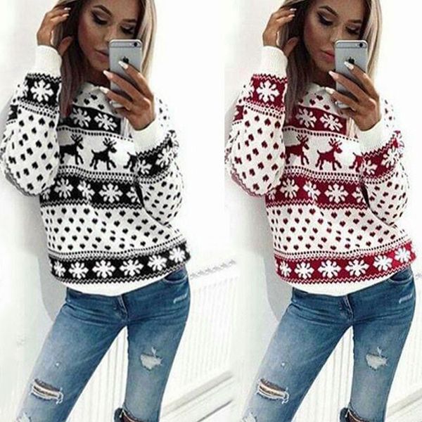 

woman christmas deer knitted sweaters cotton blend warm pullover red black crew neck sweaters ing, White;black