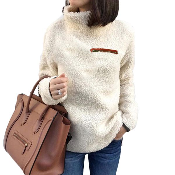 

autumn new sweatshirt for women long sleeve high neck pullovers streetwear plush warm solid color coat, Black