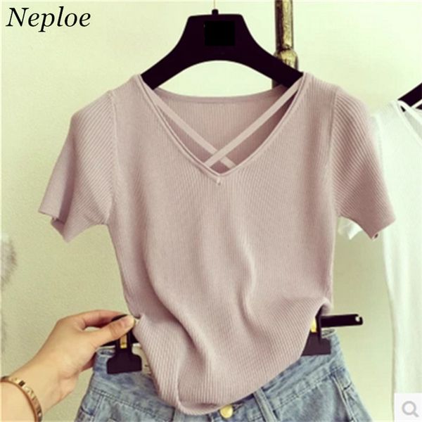 

2018 4 colors new korea summer tee short sleeve t shirt slim women t shirt o-neck knit cross 65221, White